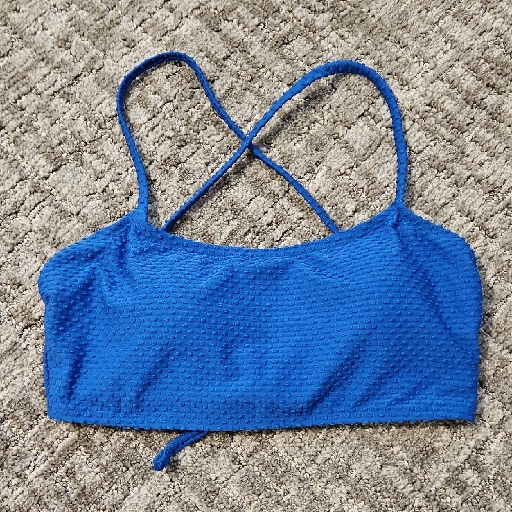 Blue Criss-Cross Bikini Top with Textured Fabric